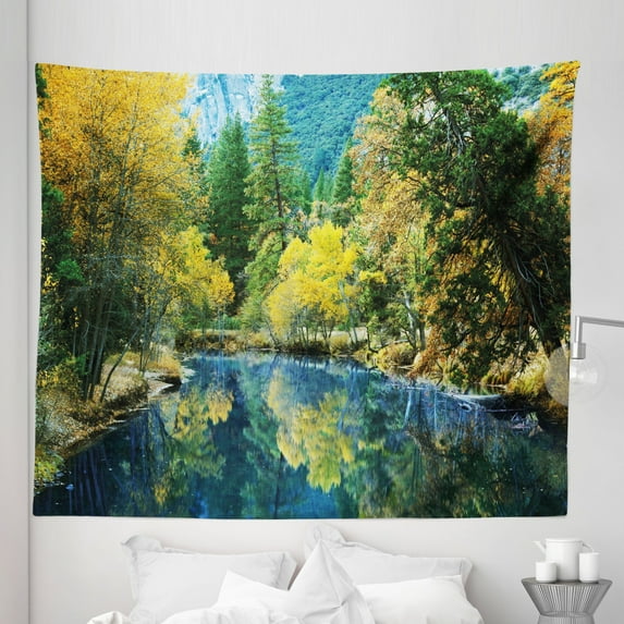 Nature Tapestry, Autumn Landscape Scenery Forest by River Seasonal Rural Countryside Picture, Fabric Wall Hanging Decor for Bedroom Living Room Dorm, 5 Sizes, Green Blue Yellow, by Ambesonne