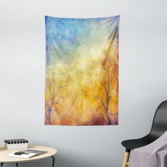 Nature Tapestry, Autumn Trees Gulls Skying in Hazy Sky Watercolor Paintbrush Fall Artwork, Wall Hanging for Bedroom Living Room Dorm Decor, 40W X 60L Inches, Blue Marigold Yellow, by Ambesonne