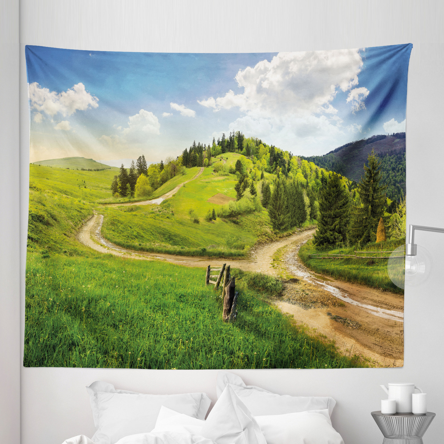 Nature Tapestry, Hillside Meadows Cloudy Sky Fence near the Road with ...