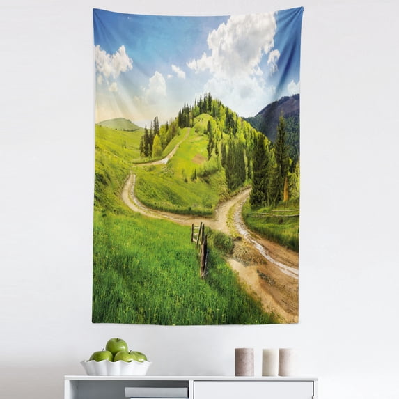 Nature Tapestry, Hillside Meadows Cloudy Sky Fence near the Road with Fir Trees on Both Sides, Fabric Wall Hanging Decor for Bedroom Living Room Dorm, 5 Sizes, Green Blue, by Ambesonne