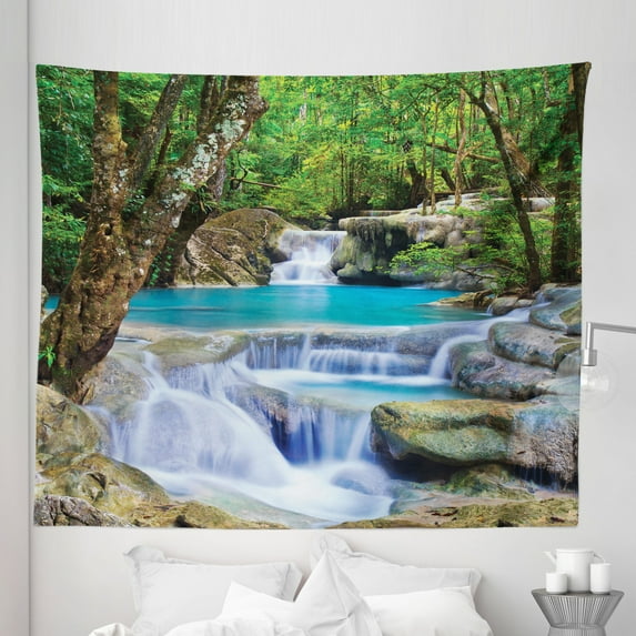 Nature Tapestry, Image of Waterfall by the Rocks in Forest Secret Paradise, Fabric Wall Hanging Decor for Bedroom Living Room Dorm, 5 Sizes, Green Blue and Brown, by Ambesonne