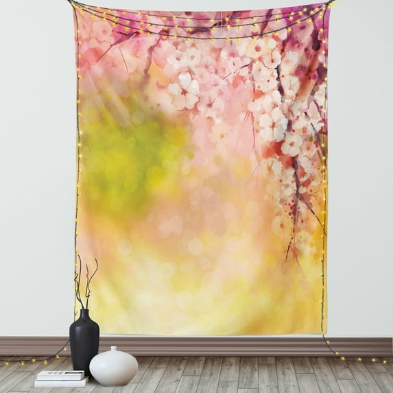 Nature Tapestry, Japanese Cherry Sakura Floral Artwork in Soft Color over Blurred Background, Wall Hanging for Bedroom Living Room Dorm Decor, 40W X 60L Inches, Pink Green Yellow, by Ambesonne
