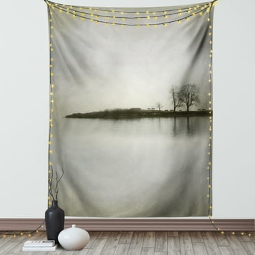 Nature Tapestry, Landscape Shady Tones with Isolated Trees over Island Calm Fog Blurry Environment Print, Wall Hanging for Bedroom Living Room Dorm Decor, 60W X 80L Inches, Sepia, by Ambesonne