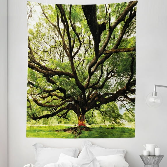 Nature Tapestry, Largest Monkey Pod Tree in Thailand Eastern Green Big Branches Growth Eco Photo, Fabric Wall Hanging Decor for Bedroom Living Room Dorm, 5 Sizes, Green Brown, by Ambesonne