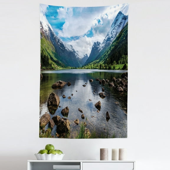 Nature Tapestry, Mountains River and Open Sky Natural Beauties Norway Fjords Nordic Landscape, Fabric Wall Hanging Decor for Bedroom Living Room Dorm, 5 Sizes, White Green Brown, by Ambesonne