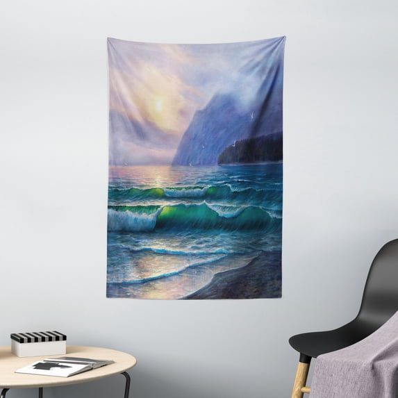 Nature Tapestry, Ocean Waves in the Morning an Sun Sky above Mountain Foggy Horizon Surreal Scenery, Wall Hanging for Bedroom Living Room Dorm Decor, 40W X 60L Inches, Lilac Teal, by Ambesonne