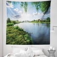 thumbnail image 1 of Nature Tapestry, Sunny Day on a Calm River in Summer Sunshines Greenery Grass Outdoors Cloud, Fabric Wall Hanging Decor for Bedroom Living Room Dorm, 5 Sizes, Fern Green Sky Blue, by Ambesonne, 1 of 1
