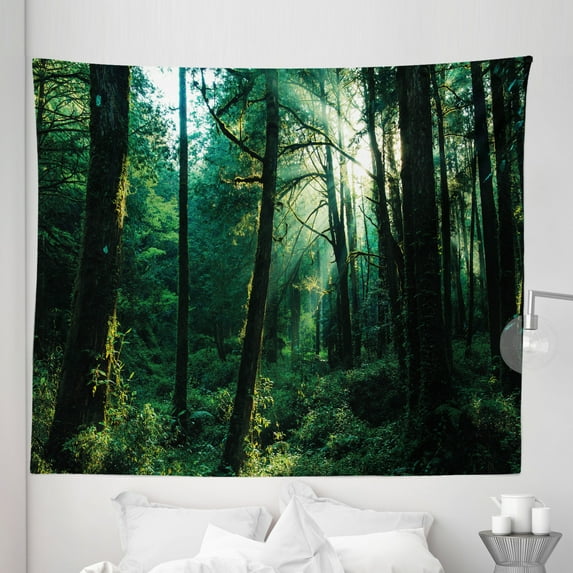 Nature Tapestry, Sunset in Woods Sun Beaming Through Forest Trees Wilderness Scenery, Fabric Wall Hanging Decor for Bedroom Living Room Dorm, 5 Sizes, Forest Green Pale Yellow, by Ambesonne