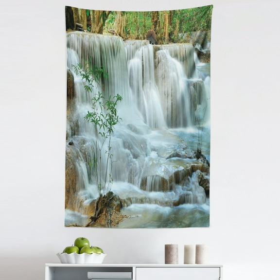 Nature Tapestry, Waterfall Bamboo Tree Japanese Style Garden View Picture Print Jungle Stream, Fabric Wall Hanging Decor for Bedroom Living Room Dorm, 5 Sizes, Green and Brown, by Ambesonne