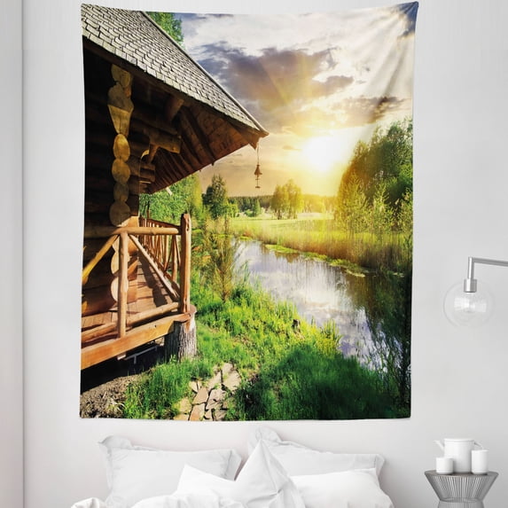 Nature Tapestry, Wooden Country House by the Lake with Horizon Background Village Rural Life View, Fabric Wall Hanging Decor for Bedroom Living Room Dorm, 5 Sizes, Multicolor, by Ambesonne