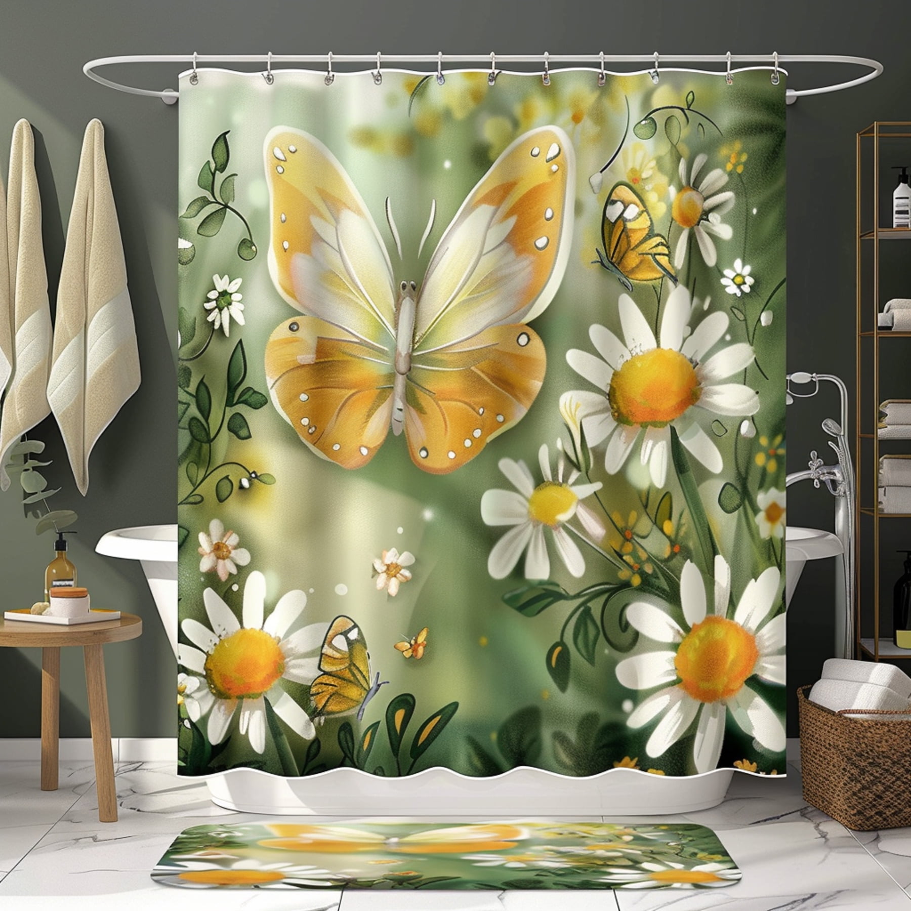 Nature Theme Butterfly and Daisy Bathroom Decor Set with Vintage Retro