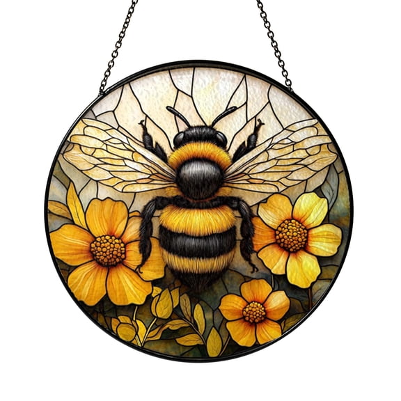 Nature Themed Bee Glass Window Ornament with Floral Design, Decorative Light Catching Hanging Art for Home Window Display