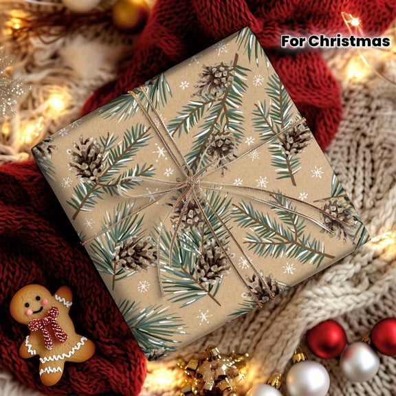 Nature‑Themed Christmas Wrapping Paper Roll, Pine Branch Pinecone Snowflake Single Sided Holiday Gift Wrap for Family Gathering and Holiday Party Present Wrapping 1 Roll