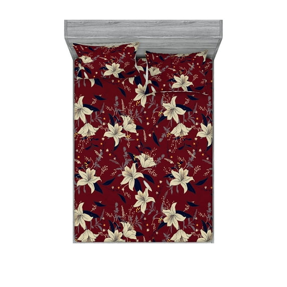 Nature Themed Fitted Sheet & Pillow Sham Set, Floral Drawings in Romantic Vibes with Petals Neutral Colors Boho Pattern, Decorative Printed 3 Piece Bedding Decor, King, Ruby Champagne, by Ambesonne
