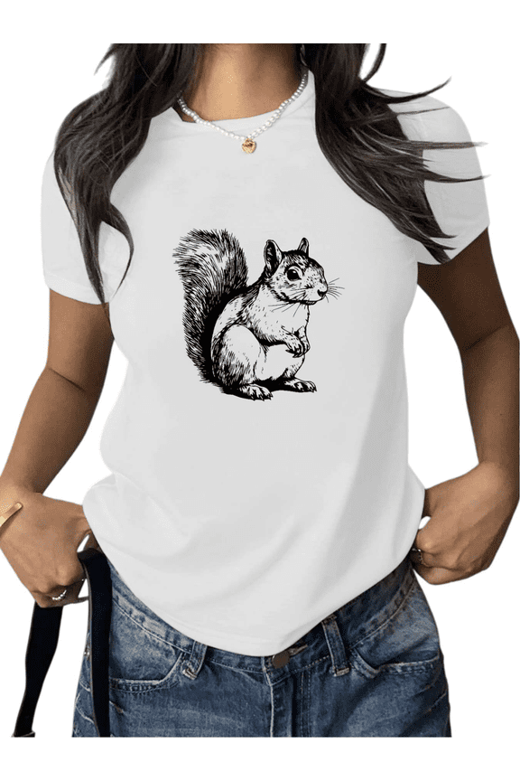 Nature-Themed Squirrel Portrait White S-5XL Women's Cotton Graphic Tees Print Tshirt Shirts Relaxed Daily Commute Casual Comfort Tops