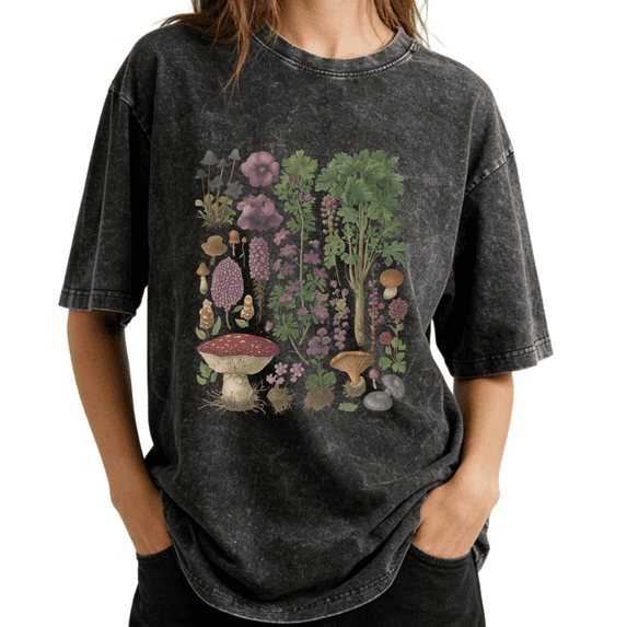 Nature Themed Vintage Botanical Mushroom & Wildflower Collage Wash Print Tshirt Graphic Tees Shirts Charcoal Oversize S-2XL Casual Tops