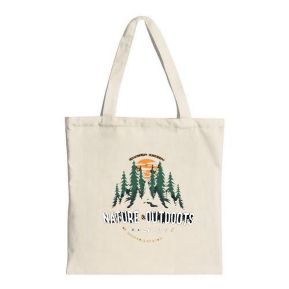 Nature-Themed canvas tote bag featuring pine trees mountains and a sunset perfect for shopping travel and outdoor adventures