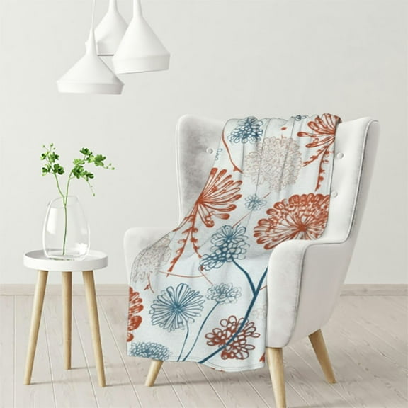 Nature Throw Blanket, Botanical Art Pattern with Continuous Rustic Flowers and Dots Print, Flannel Accent Piece Soft Couch Cover for Adults,Pale Rust White and Blue