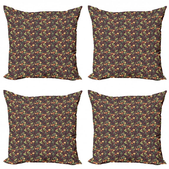 Nature Throw Pillow Cushion Case Pack of 4, Autumn Seasonal Botanical Composition with Leaves Acorns and Berries, Modern Accent Double-Sided Print, 4 Sizes, Indigo and Multicolor, by Ambesonne
