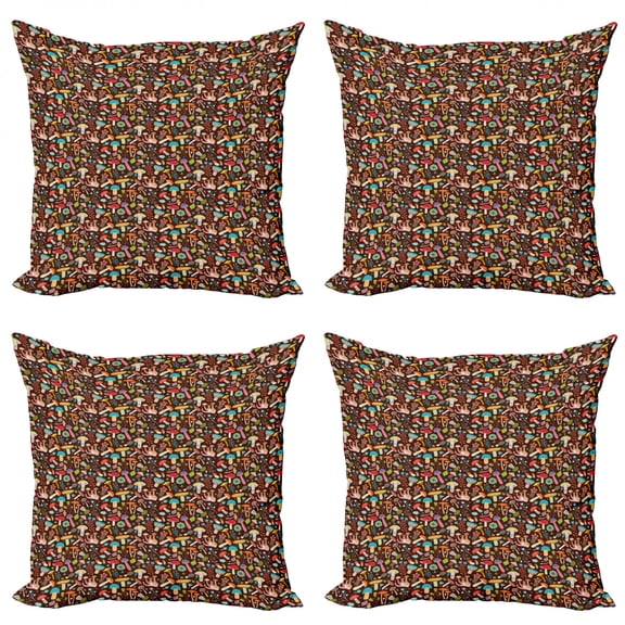 Ambesonne Nature Throw Pillow Cover 4 Pack, Flowers Leaves on Brown Back, 16", Multicolor