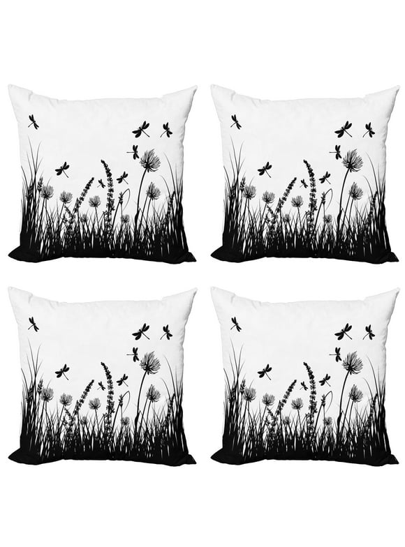 Nature Throw Pillow Cushion Case Pack of 4, Grass Bush Meadow Silhouette with Dragonflies Flying Spring Garden Plants Display, Modern Accent Double-Sided Print, 4 Sizes, Black White, by Ambesonne