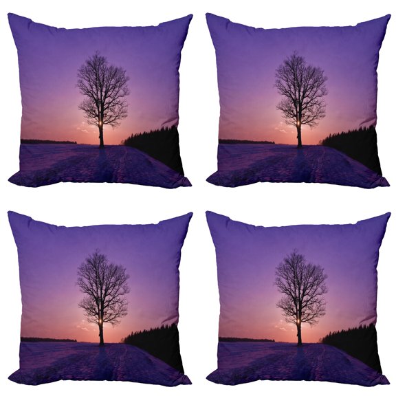Ambesonne Tree Throw Pillow Cover 4 Pack, Oak Sunset Winter Time, 20", Purple Peach