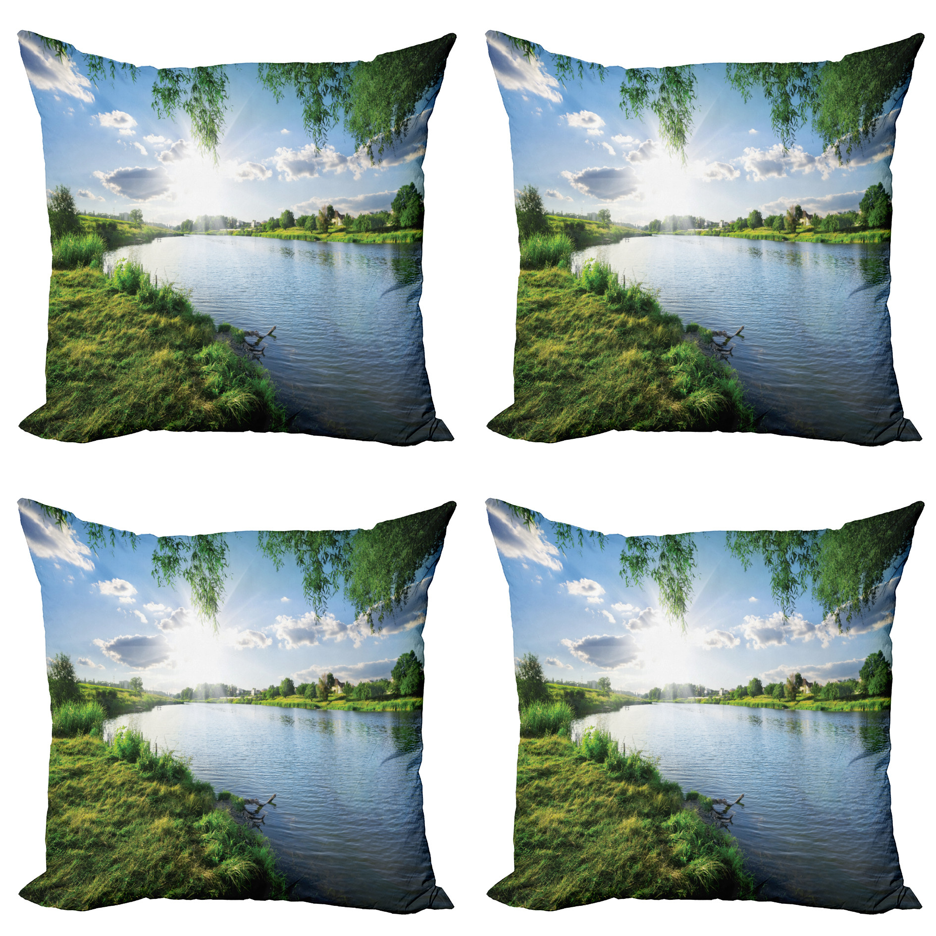 Nature Throw Pillow Cushion Case Pack of 4, Sunny Day on a Calm River in Summer Sunshines Greenery Grass Outdoors Cloud, Modern Accent Double-Sided Print, 4 Sizes, Fern Green Sky Blue, by Ambesonne - image 1 of 6