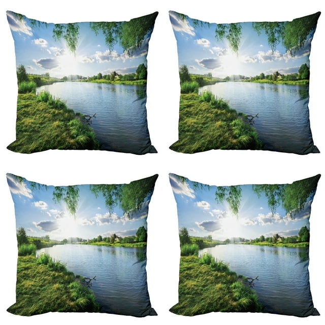 Nature Throw Pillow Cushion Case Pack of 4, Sunny Day on a Calm River in Summer Sunshines Greenery Grass Outdoors Cloud, Modern Accent Double-Sided Print, 4 Sizes, Fern Green Sky Blue, by Ambesonne