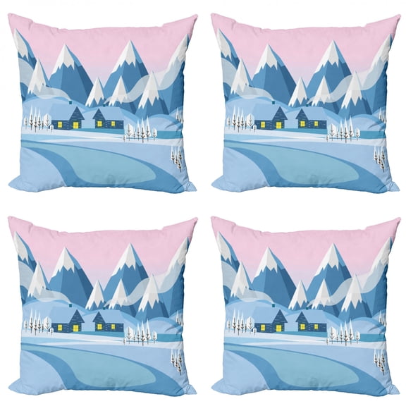 Nature Throw Pillow Cushion Case Pack of 4, Winter Landscape with Cozy Cottages with Mountains Snowy Outdoorsy Print, Modern Accent Double-Sided Print, 4 Sizes, Pale Azure Blue Pink, by Ambesonne