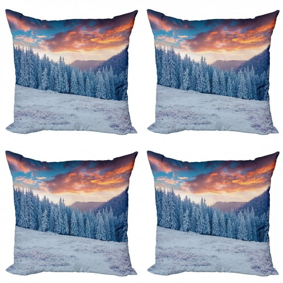 Ambesonne Nature Throw Pillow Cover 4 Pack, Winter Snowy Forest Sky, 18", Sky Blue Salmon
