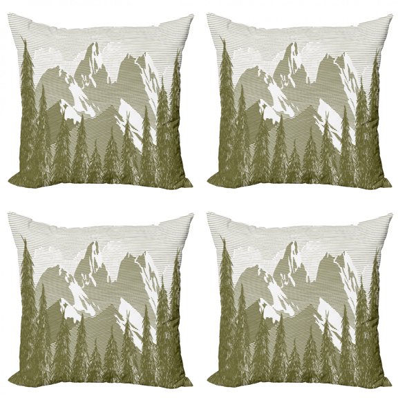 Ambesonne Nature Throw Pillow Cover 4 Pack, Woodcut Style Mountain Land, 24", Army Green and White