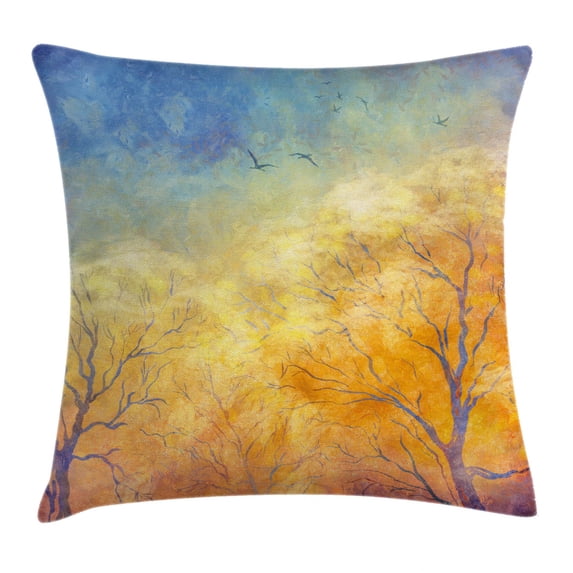 Nature Throw Pillow Cushion Cover, Autumn Trees Gulls Skying in Hazy Sky Watercolor Paintbrush Fall Artwork, Decorative Square Accent Pillow Case, 20 X 20 Inches, Blue Marigold Yellow, by Ambesonne