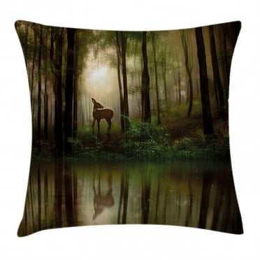 Nature Throw Pillow Cushion Cover, Baby Deer in the Forest with Reflection on Lake Foggy Woodland Graphic, Decorative Square Accent Pillow Case, 16 X 16 Inches, Fern Green Cocoa Brown, by Ambesonne
