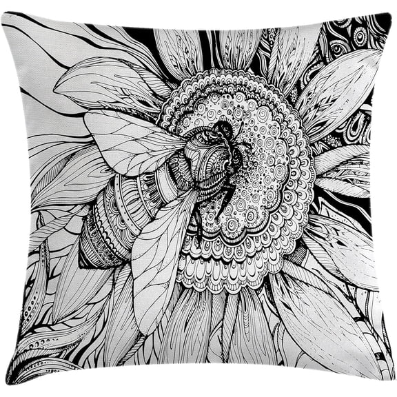 Nature Throw Pillow Cushion Cover, Bee on a Flower Honey Floral Mother Earth Phase Wildlife Digital Print Art, Decorative Square Accent Pillow Case, 18" X 18", Black White