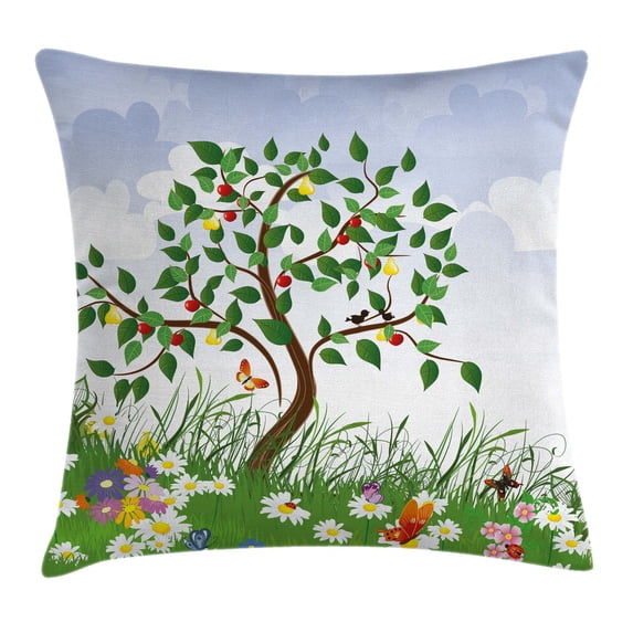 Nature Throw Pillow Cushion Cover, Cartoon Landscape Forest Garden Cherry Tree and Colorful Spring Flowers Butterflies, Decorative Square Accent Pillow Case, 16 X 16 Inches, Multicolor, by Ambesonne