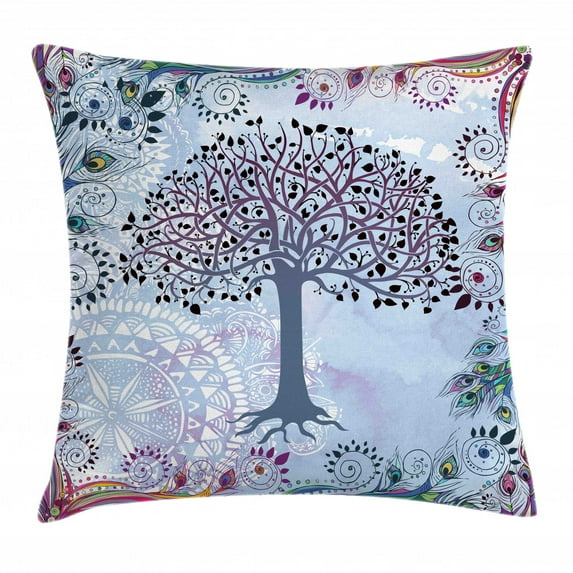 Nature Throw Pillow Cushion Cover, Cute Tree of Life Motif with Peacock Feathers Tribal Vintage Primitive Nature Illustration, Decorative Square Accent Pillow Case, 20 X 20 Inches, Blue, by Ambesonne