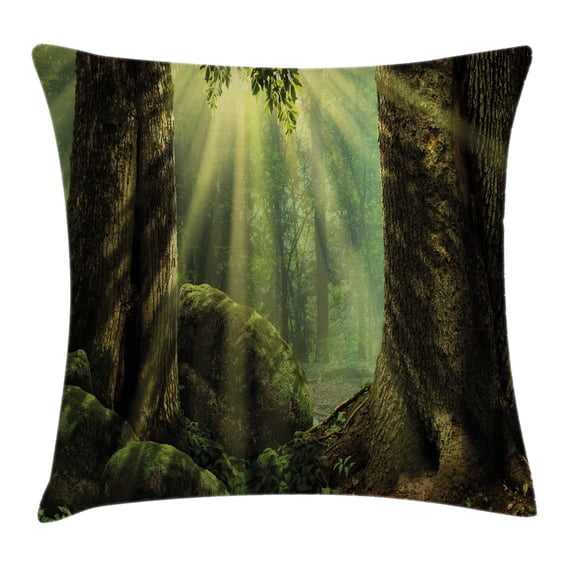 Nature Throw Pillow Cushion Cover, Deep down in Forest with Sunbeams Reflections on Moss Tree Bodies Scenery, Decorative Square Accent Pillow Case, 20 X 20 Inches, Olive and Army Green, by Ambesonne