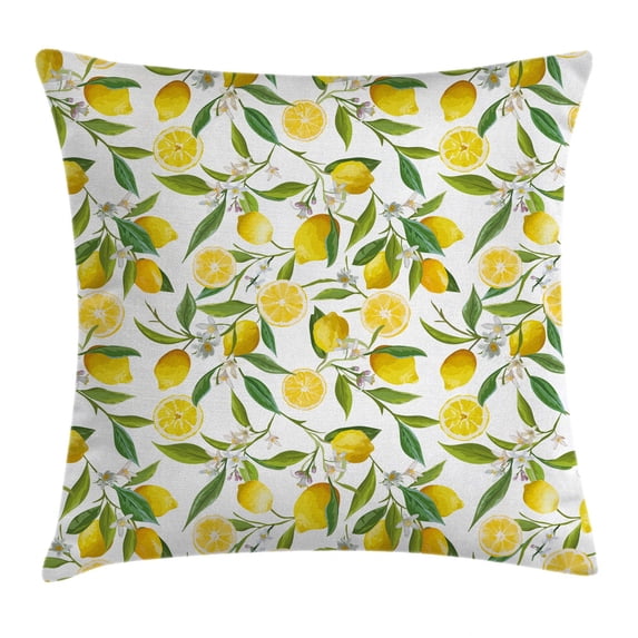Nature Throw Pillow Cushion Cover, Exotic Lemon Tree Branches Yummy Delicious Kitchen Gardening Design, Decorative Square Accent Pillow Case, 24 X 24 Inches, Fern Green Yellow White, by Ambesonne