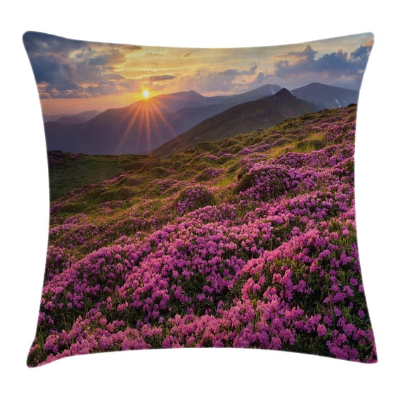 Nature Throw Pillow Cushion Cover, Flower Meadow on Mountain Valley with Horizon Sky Surreal Mother Earth Beauty Image, Decorative Square Accent Pillow Case, 18 X 18 Inches, Multicolor, by Ambesonne
