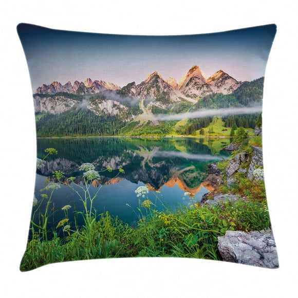 Nature Throw Pillow Cushion Cover, Misty Summer Morning on Austrian Alps Mountain Range with Lake Wanderlust Landscape, Decorative Square Accent Pillow Case, 24 X 24 Inches, Green Blue, by Ambesonne