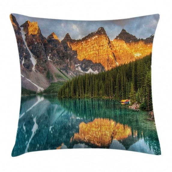 Nature Throw Pillow Cushion Cover, Moraine Lake Canadian Mountain Range with Creek Pine Forest Mother Earth Scenery, Decorative Square Accent Pillow Case, 18 X 18 Inches, Multicolor, by Ambesonne