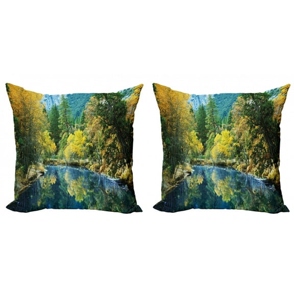 Ambesonne Nature Throw Pillow Cover 2 Pack, Autumn Forest Landscape, 18", Green Blue Yellow