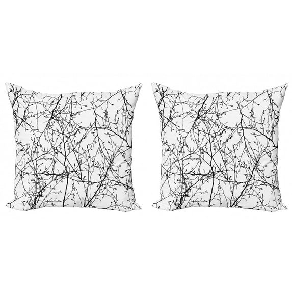 Ambesonne Tree Throw Pillow Cover 2 Pack, Branches with Leaves Buds, 16", Black White