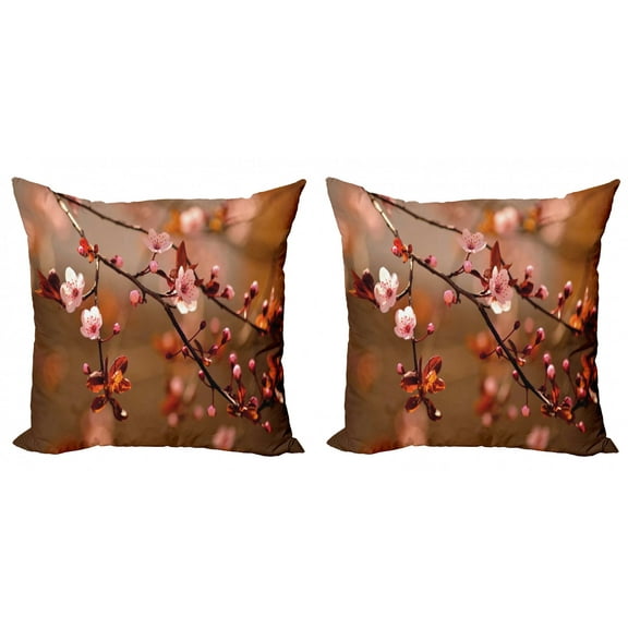 Ambesonne Nature Throw Pillow Cover 2 Pack, Sakura Flourishing, 18", Pale Pink Dark Coral