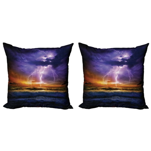 Ambesonne Nature Throw Pillow Cover 2 Pack, Epic Thunder Atmosphere, 20", Purple and Orange