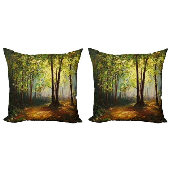 Ambesonne Forest Throw Pillow Cover 2 Pack, Spring Woodland Trees, 18", Fern Green Cinnamon
