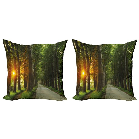 Ambesonne Nature Throw Pillow Cover 2 Pack, Fresh Morning Scenery, 18", Green Marigold Beige