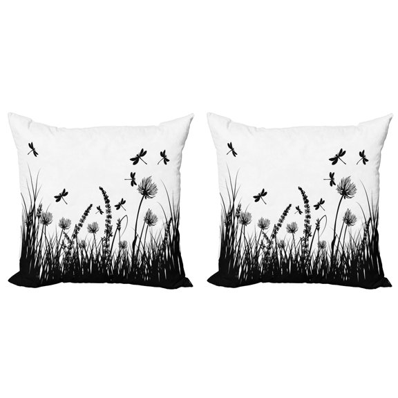 Ambesonne Nature Throw Pillow Cover 2 Pack, Grass Bush Meadow Spring, 20", Black White