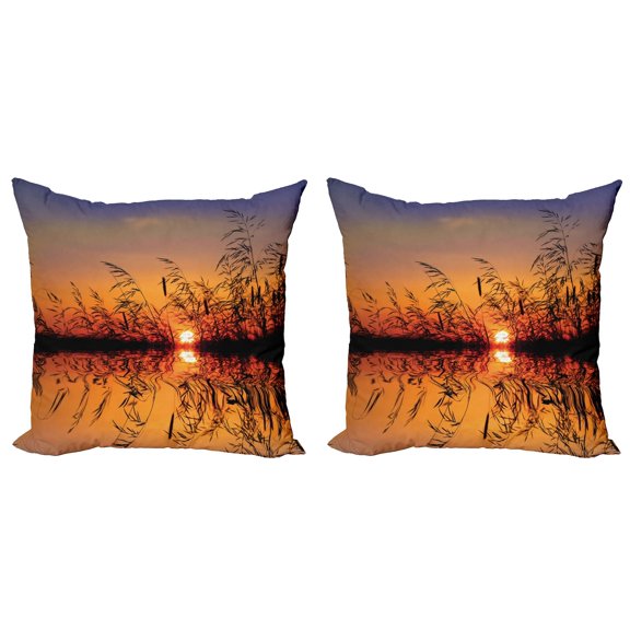 Ambesonne Nature Throw Pillow Cover 2 Pack, Lake Sunset Photo Scene, 16", Multicolor