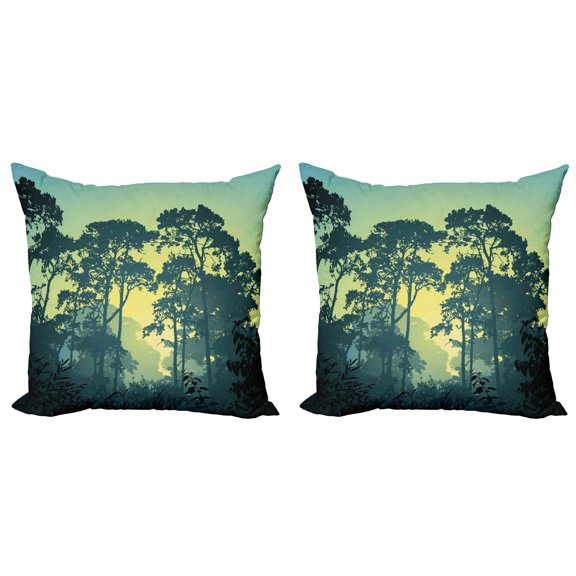 Ambesonne Nature Throw Pillow Cover 2 Pack, Mist Forest Trees Scene, 20", Hunter and Green